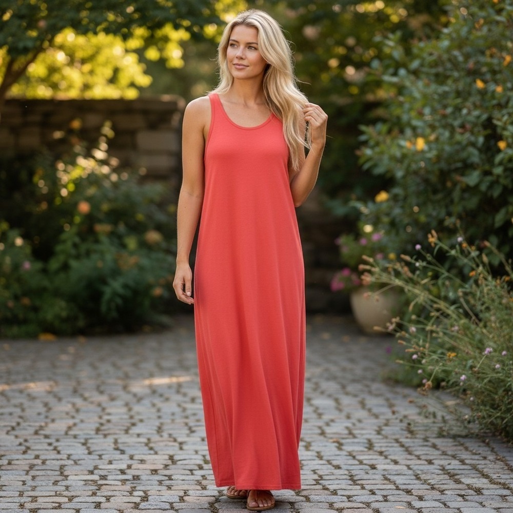 LOFT red sleeveless jersey maxi dress classic tank-style crew neckline relaxed M